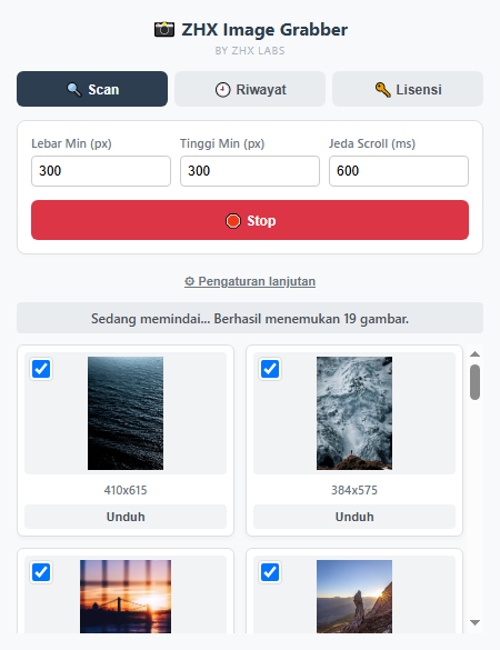 Popup ZHX Image Grabber saat memindai halaman